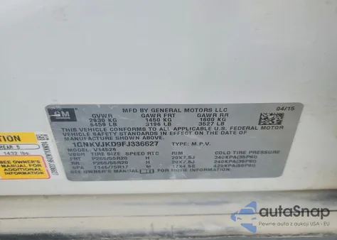 2015 Chevrolet Traverse Ltz из США, поврежденный, VIN 1GNKVJKD9FJ336627